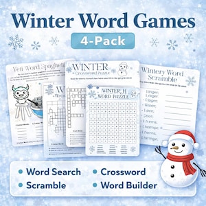 May include: A 4-pack of winter-themed word games, including a word search, crossword puzzle, scramble, and word builder. The games feature illustrations of a snowman and a yeti, with the text "Winter Word Games" at the top.