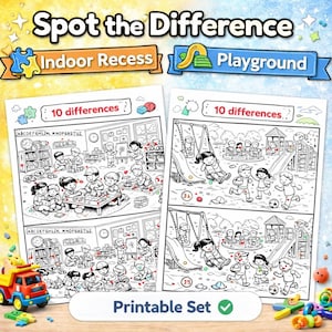 Può includere: Due fogli di attività stampabili in bianco e nero con la scritta "Spot the Difference". Un foglio raffigura una scena di ricreazione al chiuso, l'altro un parco giochi. Il testo "10 differenze" è sopra ogni immagine. Un camion giocattolo e altri giocattoli sono in primo piano.