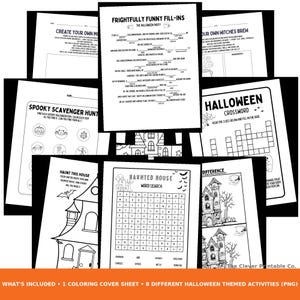 May include: A collection of eight Halloween-themed activity sheets, including a crossword, word search, and fill-in-the-blanks. The sheets feature illustrations of haunted houses, pumpkins, and other spooky elements. The text "What's Included" is visible at the bottom.