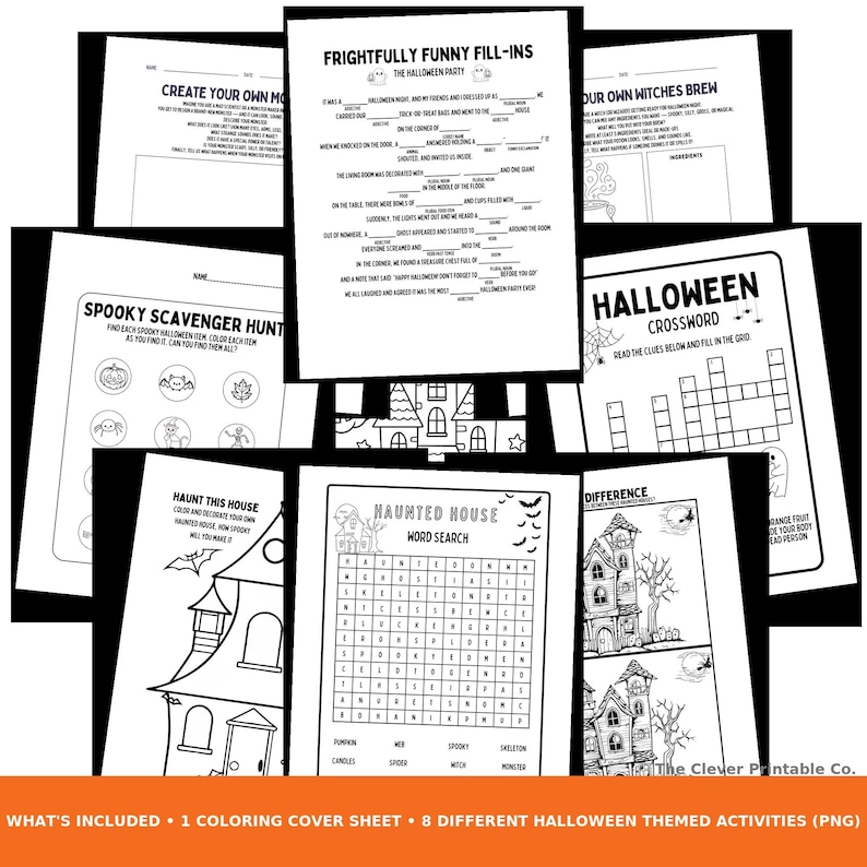 May include: A collection of eight Halloween-themed activity sheets, including a crossword, word search, and fill-in-the-blanks. The sheets feature illustrations of haunted houses, pumpkins, and other spooky elements. The text "What's Included" is visible at the bottom.