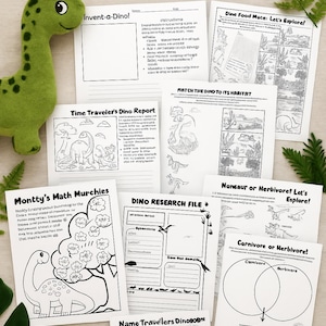 May include: A collection of dinosaur-themed activity sheets for kids, featuring coloring pages, matching games, and research files. The title "DINOSAUR ACTIVITIES FOR KIDS" is at the top. Green plush dinosaur toys and fern leaves are scattered around the papers.