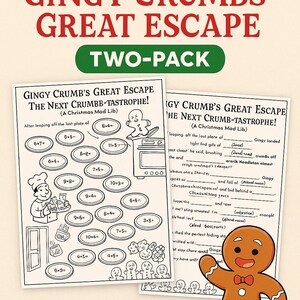 Puede incluir: Paquete de dos "Gingy Crumb's Great Escape" Mad Libs navideños. Cada página presenta un tema de hombre de jengibre con historias para completar y problemas de matemáticas. El texto superior dice "Great Escape" y "Two-Pack".