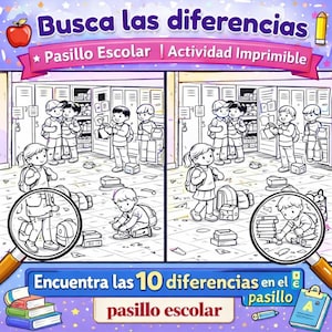 Könnte beinhalten: Schwarz-weißes, druckbares Arbeitsblatt mit dem Text "Busca las diferencias" und "Encuentra las 10 diferencias en el pasillo escolar". Das Bild zeigt eine Schulkulisse mit Schülern und Schließfächern.