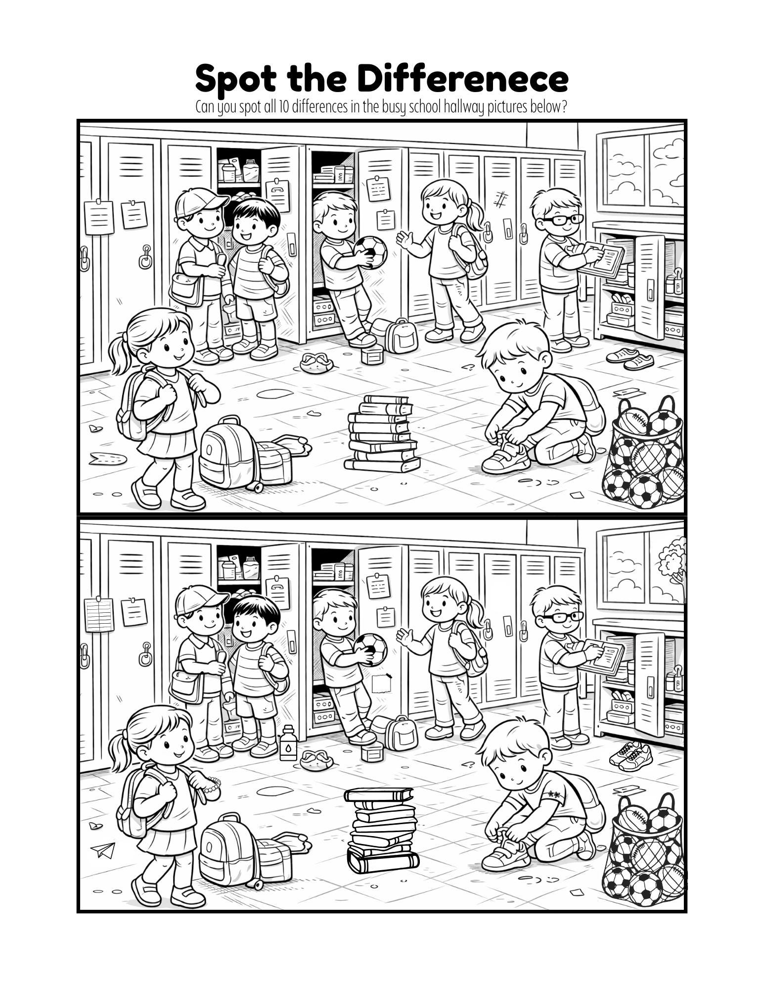 School Hallway Spot the Difference Printable | Find the 10 Differences ...