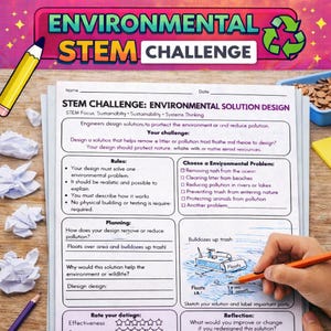 Op de afbeelding: Een werkblad voor een "Environmental STEM Challenge" met een recyclingsymbool. Het werkblad richt zich op het ontwerpen van milieuoplossingen en vraagt leerlingen oplossingen te ontwerpen om vervuiling te verminderen.