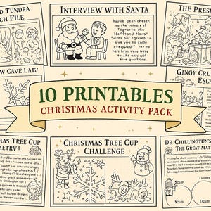 Puede incluir: Una colección de diez hojas de actividades imprimibles con temática navideña. Las hojas presentan ilustraciones de Papá Noel, hombres de jengibre, copos de nieve y otros elementos navideños. La pancarta dice "10 Printables Christmas Activity Pack."