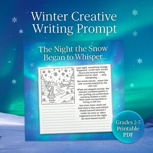 Pode incluir: Um desafio de escrita criativa com tema de inverno intitulado "A Noite em que a Neve Começou a Sussurrar..." com um desenho de uma pessoa na neve. Inclui texto e um botão "PDF para impressão para as séries 2-5".