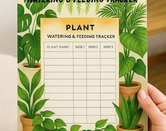 May include: A plant watering and feeding tracker with a botanical illustration. The design features potted plants around the edges and a central chart for tracking plant care. The text "PLANT WATERING & FEEDING TRACKER" is displayed.