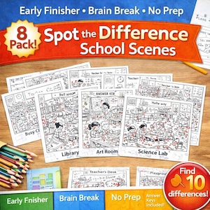 May include: An 8-pack of "Spot the Difference" school scene puzzles. Each black and white puzzle features a different classroom setting, such as a library or art room, with the goal to find 10 differences. Includes answer keys.