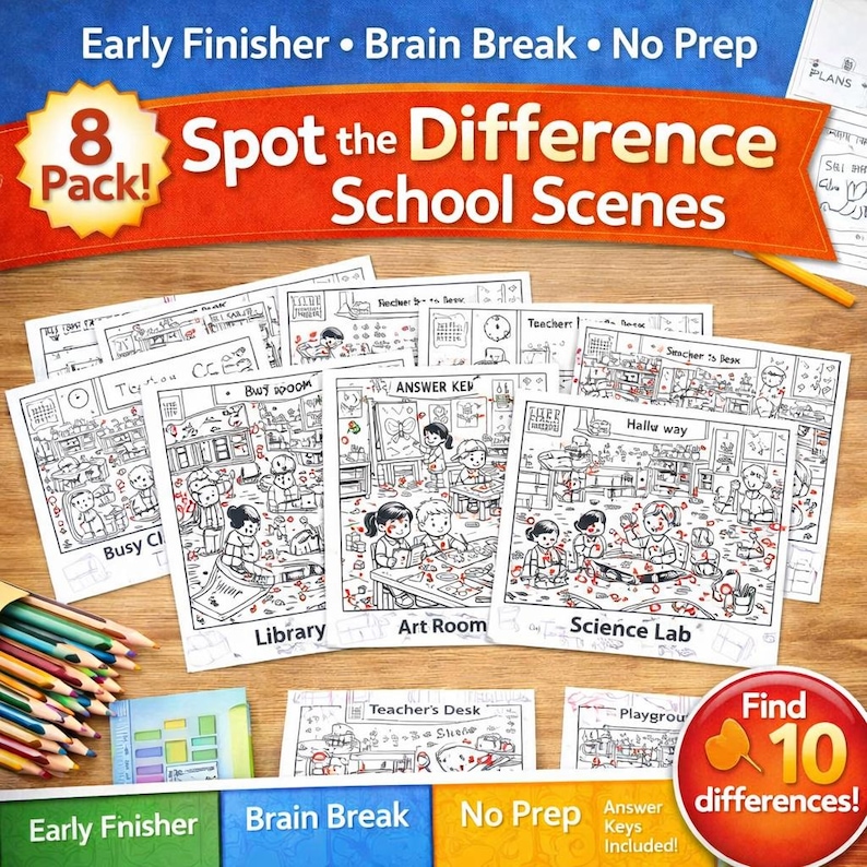 Spot the Difference Worksheets – School Scenes 8 Pack | Classroom ...
