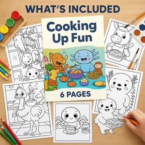 May include: A children's activity set featuring a "Cooking Up Fun" coloring book and six coloring pages with cartoon characters. The pages include images of animals cooking and baking. The set includes paint, paintbrushes, and colored pencils.
