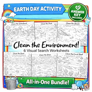 以下が含まれることがあります： 「地球の日」をテーマにした、6つの視覚検索ワークシートを含むカラフルなアクティビティセットです。「環境をきれいにしよう！」というテーマで、学校の庭、公園、ビーチ、サンゴ礁などのシーンが含まれています。解答キーも含まれています。