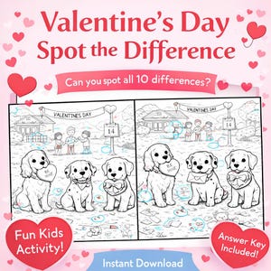 Alla hjärtans dag: Hitta skillnaderna | Valp-aktivitet | Hitta skillnaderna-arbetsblad | Alla hjärtans dag-klassrumsspel + facit