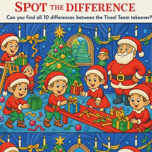 Pode incluir: Ilustração colorida com o texto "SPOT THE DIFFERENCE". Apresenta o Pai Natal e elfos em trajes vermelhos e verdes, rodeados por árvores de Natal, presentes e velas. O fundo é azul com estrelas.