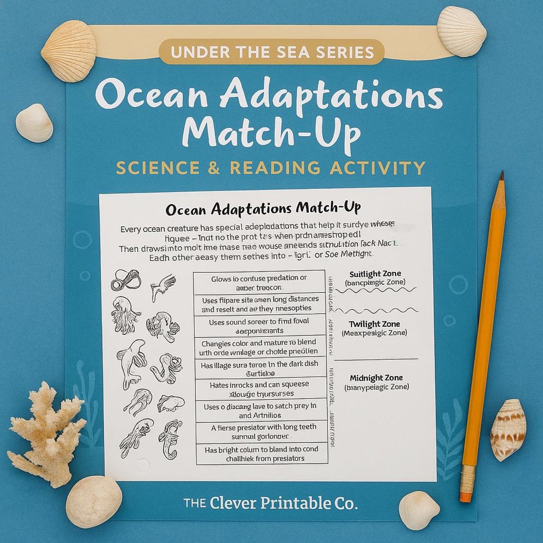 Ocean Adaptations Match-up – Ocean Zones Science & Reading Activity ...