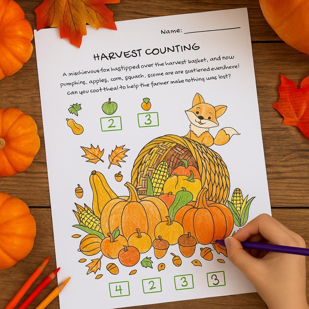 Harvest Math Harvest Counting Math Worksheet | Autumn Kindergarten STEM Activity ...