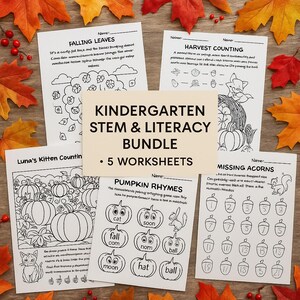 Puede incluir: Un conjunto de cinco hojas de trabajo para jardín de infancia con actividades temáticas de otoño, que incluyen contar, rimar y colorear. Las hojas de trabajo están rodeadas de hojas de otoño y bayas.