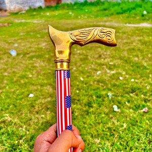 Set Of 5 Walking Cane Wooden Walking Stick  Brass Handle With USA Flag Cane Wood Stick - Fashionable Cane - Fancy Cane for Men and Women