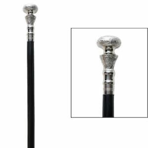 May include: A black walking cane with a silver-colored handle and decorative top. The handle has an ornate design, and the top is a rounded shape. The cane is a classic accessory.