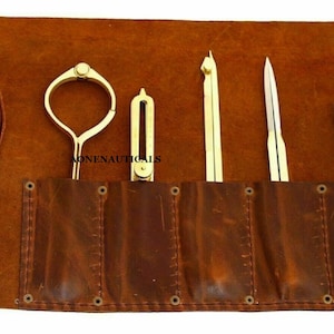 Brass Drafting Tool 6&quot; Marine Navigational Proportional Divider Compass Set of 5 With Leather Cover Gift For Student and Father&#39;s Day Gift