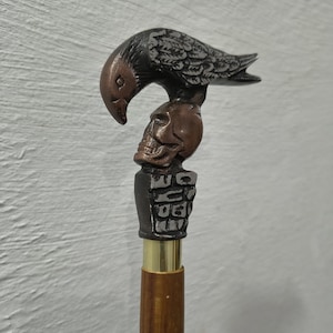May include: A decorative walking cane with a detailed raven perched atop a skull. The raven is black and gray, with a bronze-colored beak. The skull is bronze, and the handle is a dark wood with a brass collar.