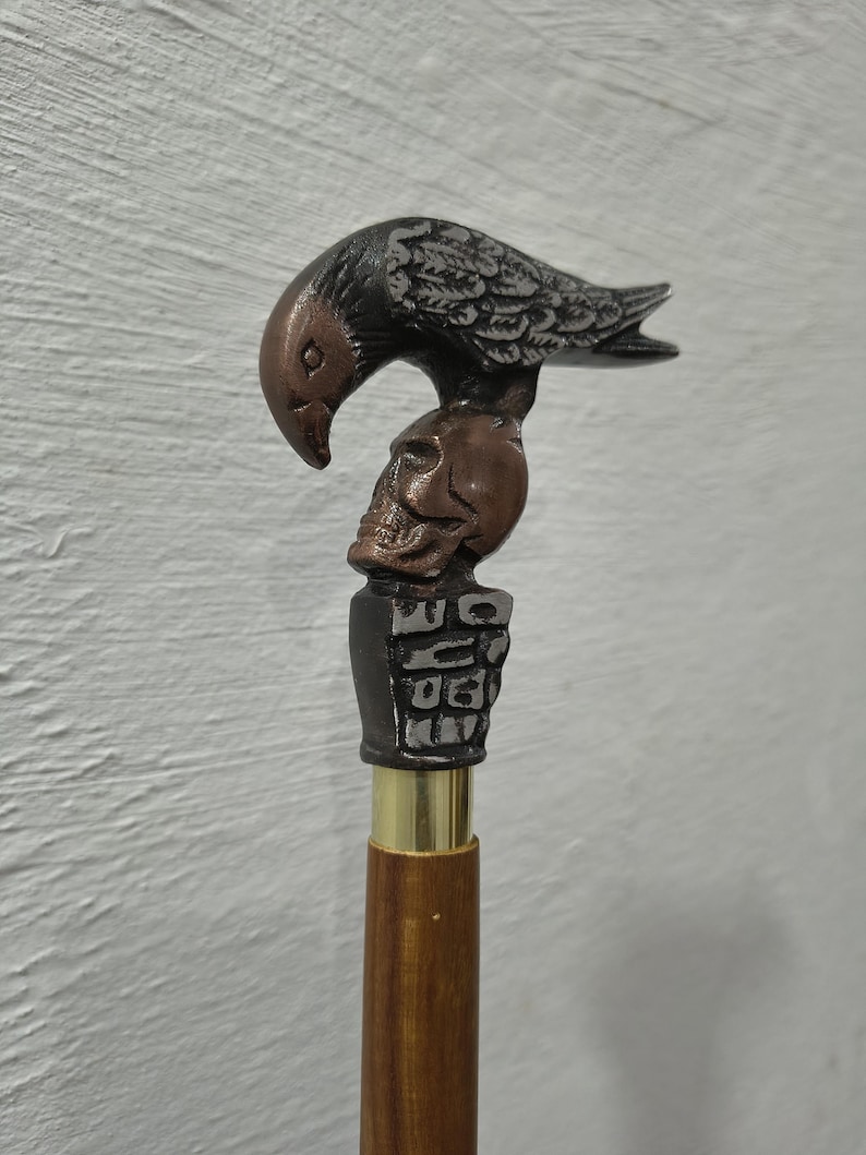 May include: A decorative walking cane with a detailed raven perched atop a skull. The raven is black and gray, with a bronze-colored beak. The skull is bronze, and the handle is a dark wood with a brass collar.