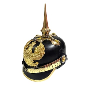 German Prussian Pickelhaube Helmet: Black Leather, Shiny Brass