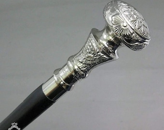 Vintage Solid Silver & Brass Handle Walking Stick: Antique Victorian Cane