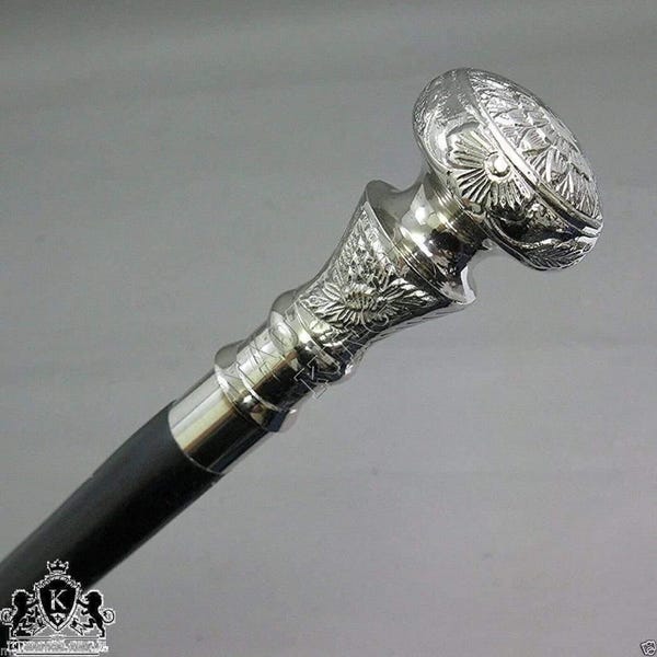 Vintage Solid Silver & Brass Handle Walking Stick: Antique Victorian Cane