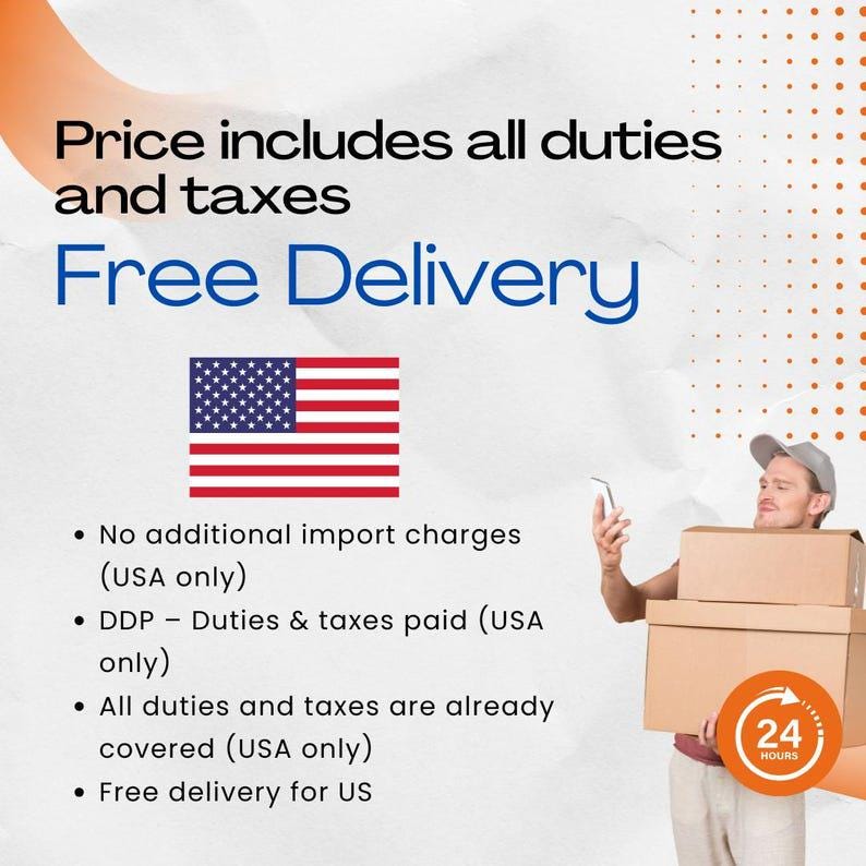 May include: Image with text stating "Price includes all duties and taxes" and "Free Delivery". Includes the American flag and bullet points about import charges and duties. A person holds boxes with a 24-hour delivery icon.