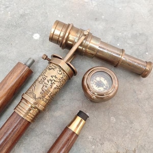 Brass Engraved 1920 Dollond London Victorian Telescope Compass On Top Spyglass Handle Walking Stick Steampunk Walking Cane Handmade Gift