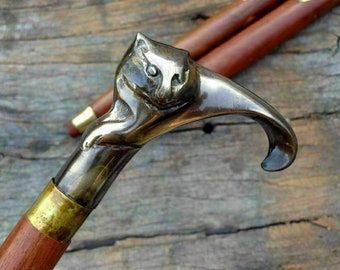 Cat Style Brass Walking Cane: Victorian Wooden Walking Stick