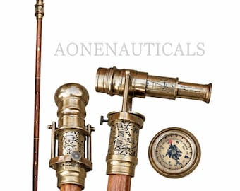 Personalized Brass Walking Cane with Telescope & Compass - Steampunk Victorian Gift for Men - Handcrafted Nautical