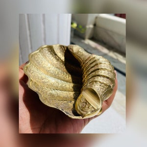 Vintage Solid Brass Sea Shell Ashtray: Floral Trinket Dish