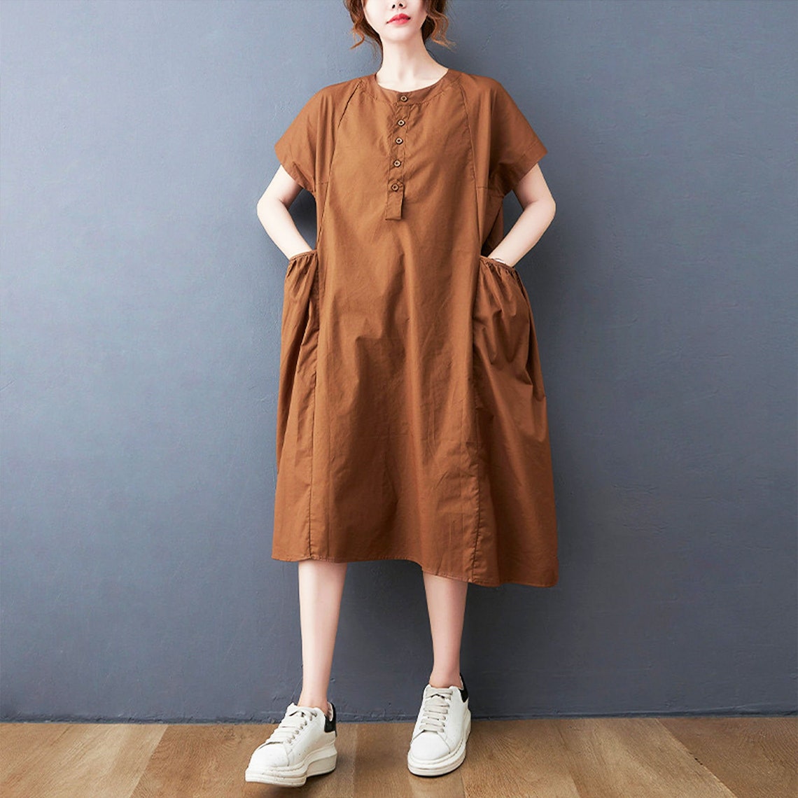 Loose cotton Dress Solid color Dress With pockets Dress Etsy