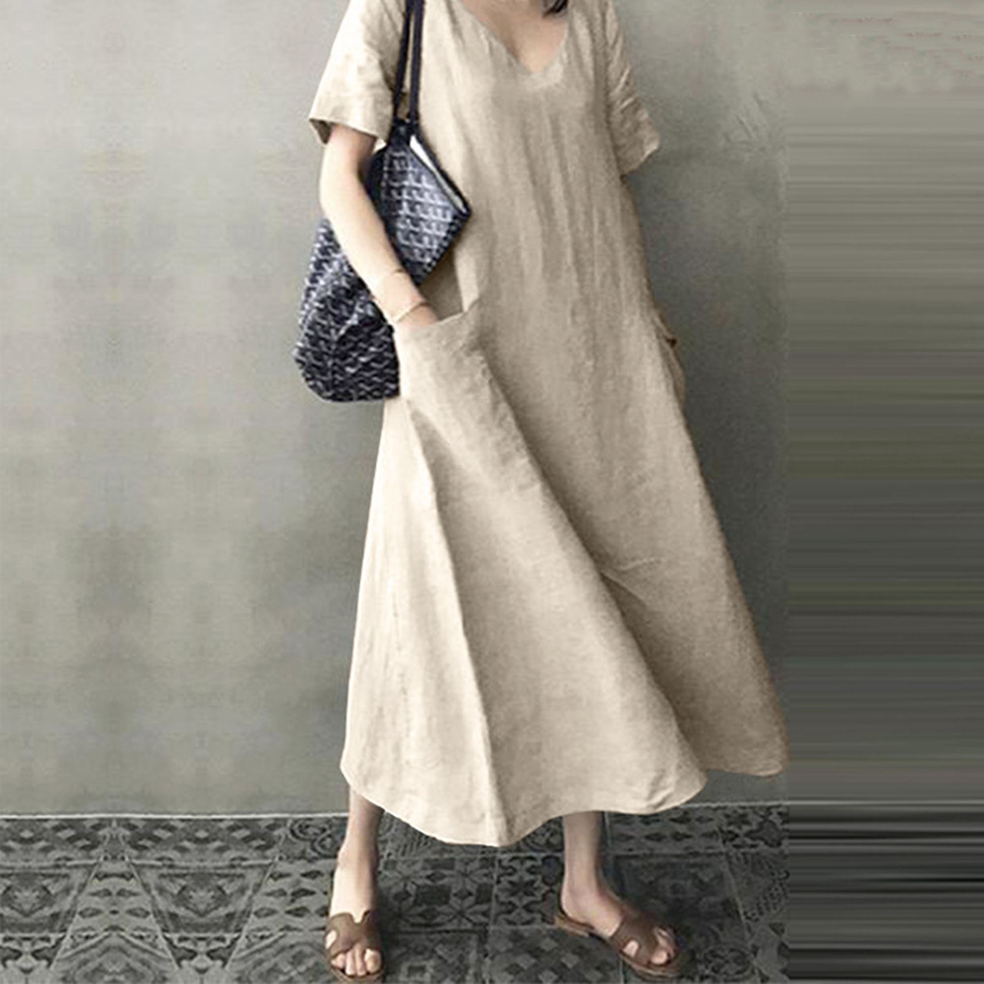 Vintage cotton and linen V-neck dress Pocket dress With | Etsy