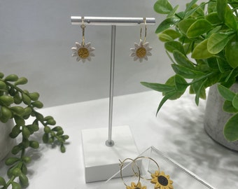 Summer Floral Dangle Clay Earrings - Sunflower Gold Hoops, Daisy Gold Hoops, Lightweight, Hypoallergenic, Handmade