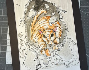 May include: A watercolour and ink illustration of a cartoon animal with orange and brown fur emerging from a hole in a wall. The animal has a long snout and large ears. The background is a light grey with black and grey details. The artist's signature "Grizzly" and the year "2013" are in the bottom right corner.