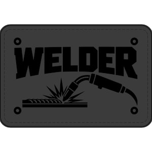 May include: A rectangular dark gray patch with rounded corners and stitched edges. The patch features the word WELDER in bold black capital letters above a black graphic of a welding torch creating sparks on a metal surface with four corner holes.