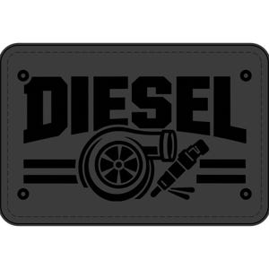 May include: A rectangular dark gray patch with rounded corners and stitched edges. The word DIESEL is printed in large black block letters. Below the text is a black graphic illustration of a turbocharger and a fuel injector with horizontal lines.