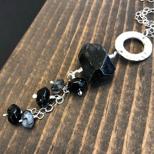 Gemstone Black Necklace, Statement Necklace, Long Black Quartz Necklace, Tourmalinated,  Rutilated, Sterling Silver Necklace