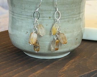 Rutilquarz Ohrringe, goldene Nadeln, Sterling Silber Kette