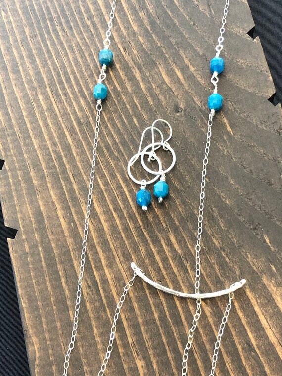 Long Apatite Bar Necklace, Sterling Silver Necklace Long Apatite Bar Necklace, Sterling Silver Necklace