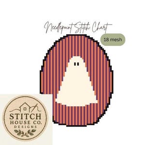 May include: A needlepoint stitch chart featuring a pixelated ghost shape centered on an oval background of vertical orange and purple stripes. The text reads Needlepoint Stitch Chart and 18 mesh. A circular logo for Stitch House Co. Designs is visible.