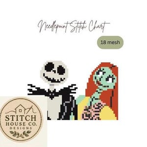 Puede incluir: Un gráfico de punto de aguja con personajes pixelados de un esqueleto con traje negro y una figura de piel verde con largo cabello rojo. El texto dice Needlepoint Stitch Chart y 18 mesh. Se muestra el logo circular de Stitch House Co. Designs.