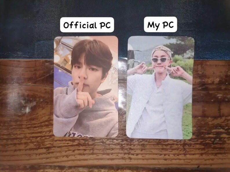 May include: Two rectangular photo cards placed side by side. The left card is labeled Official PC and shows a person in a grey hoodie making a shushing gesture. The right card is labeled My PC and shows a person in a white outfit and sunglasses.