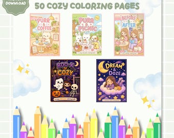 50 Cozy Cat Coloring Pages | Relaxing Themes, Kawaii Art (Digital Download)