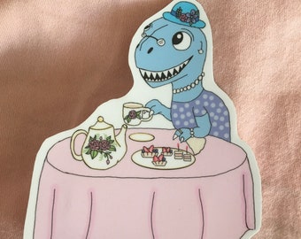 May include: A blue dinosaur wearing a hat and a pearl necklace sits at a pink table with a teapot, teacups, and pastries.