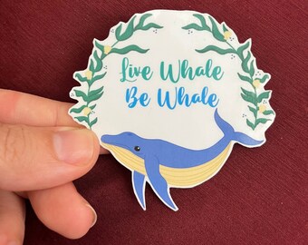 Live Whale Be Whale Sticker, animal sticker, ocean sticker, whale sticker, laptop sticker, water bottle sticker, pun sticker