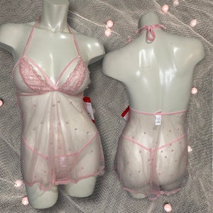 XL size- Coral pink babydoll and g-string peal net